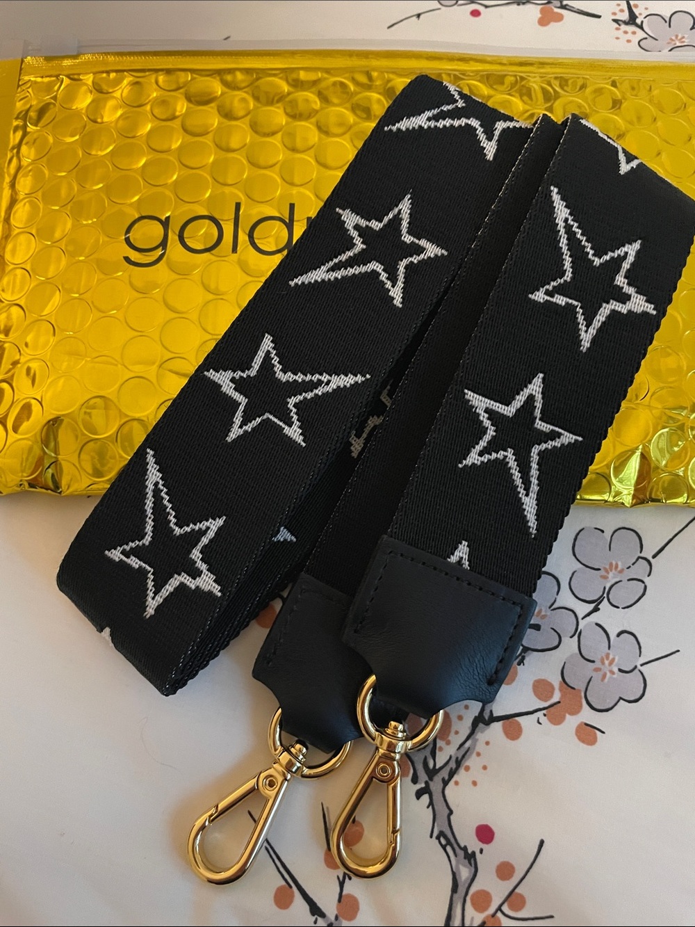 Black Star Webbing Shoulder Strap with Gold Hardware and Leather Trim